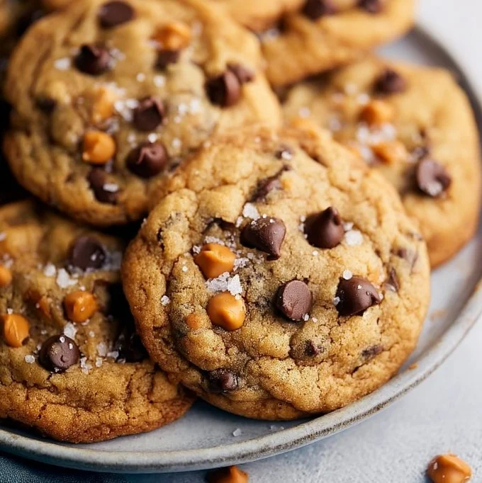 Freshly baked butterscotch chocolate chip cookies on a rustic wooden table