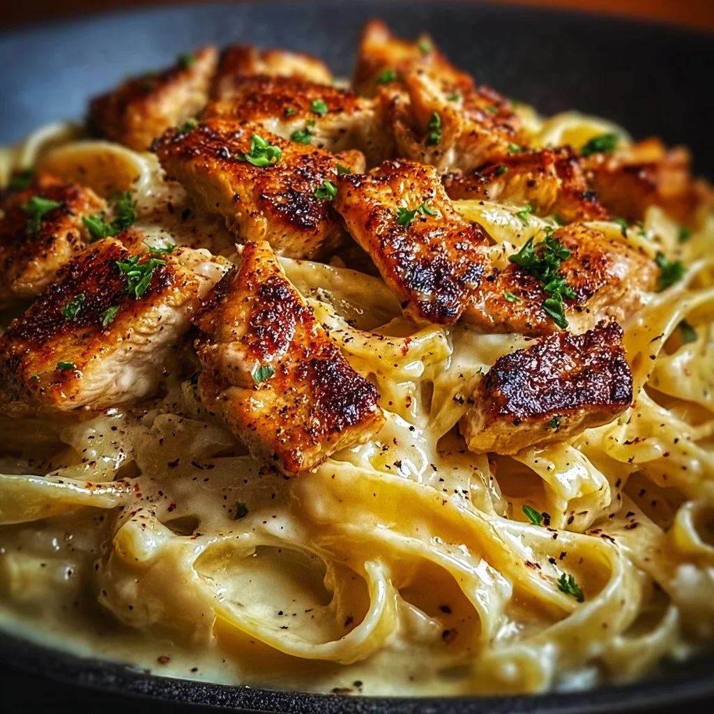 Plate of Cajun Chicken Fettuccine Alfredo garnished with herbs