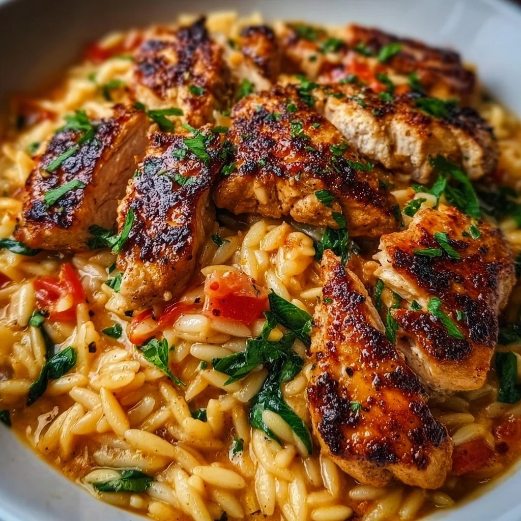 Delicious Cajun Chicken Orzo served with fresh herbs on a plate