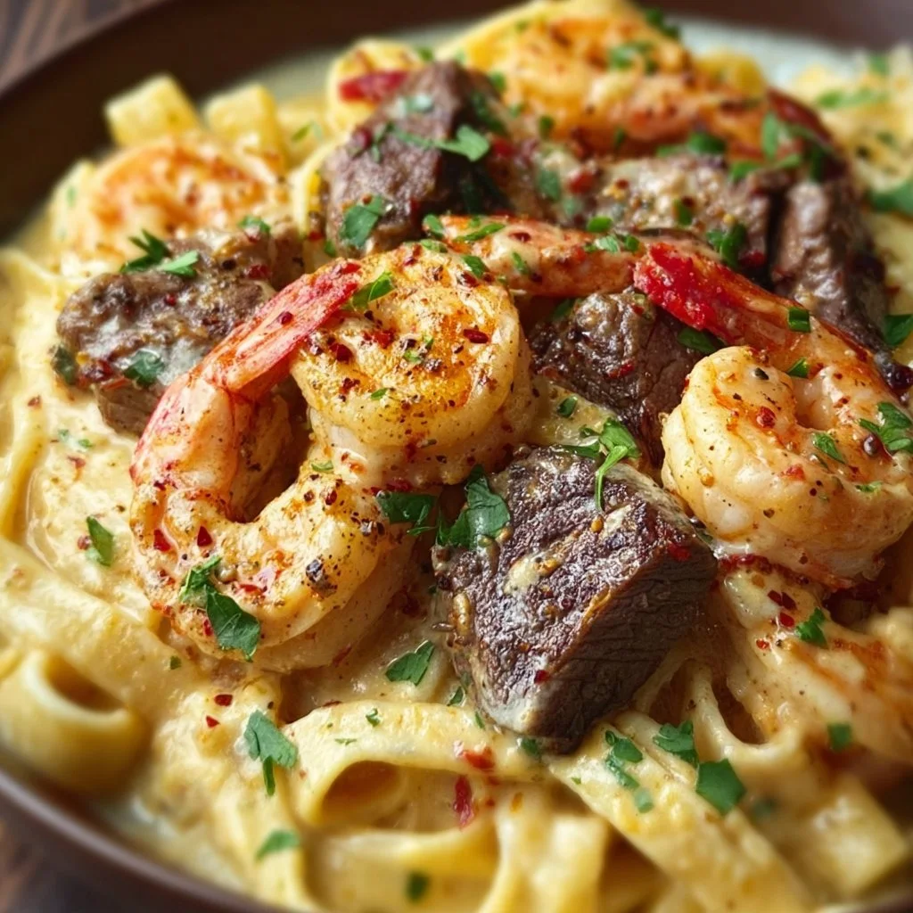 Cajun Shrimp and Steak Alfredo Pasta topped with parsley on a white plate