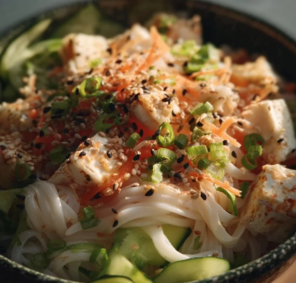 California Roll Rice Noodle Bowl featuring fresh ingredients and sushi flavors.