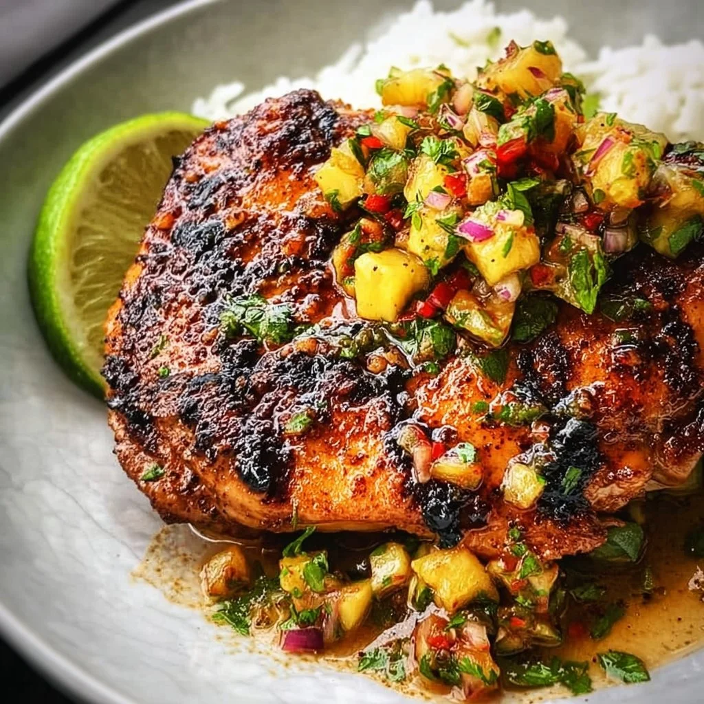 Delicious Caribbean jerk chicken served with pineapple salsa on a plate