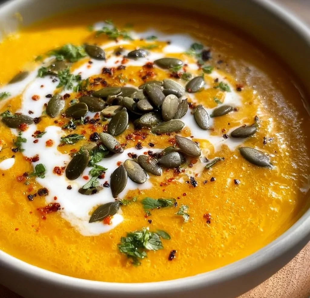 Bowl of creamy Carrot Pumpkin Soup garnished with herbs