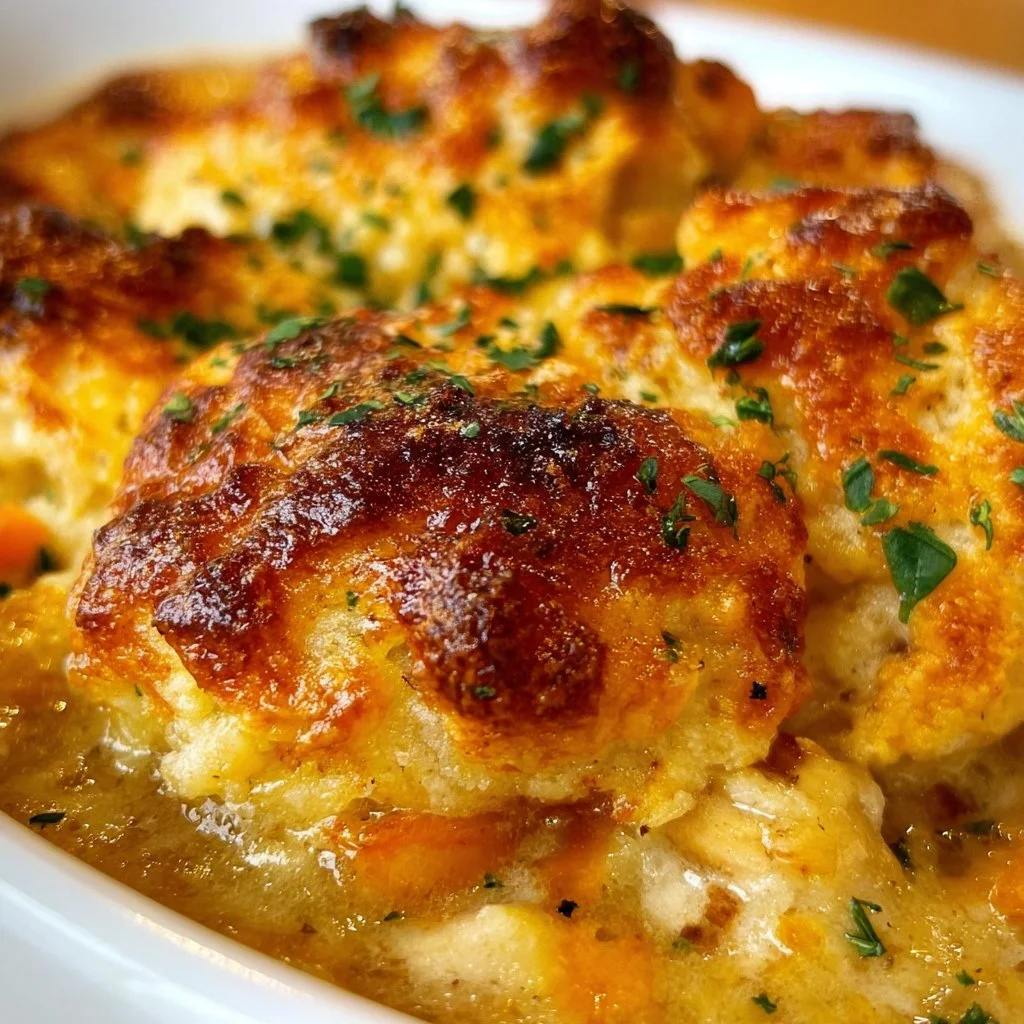 Delicious Cheddar Bay Chicken Cobbler served in a rustic dish
