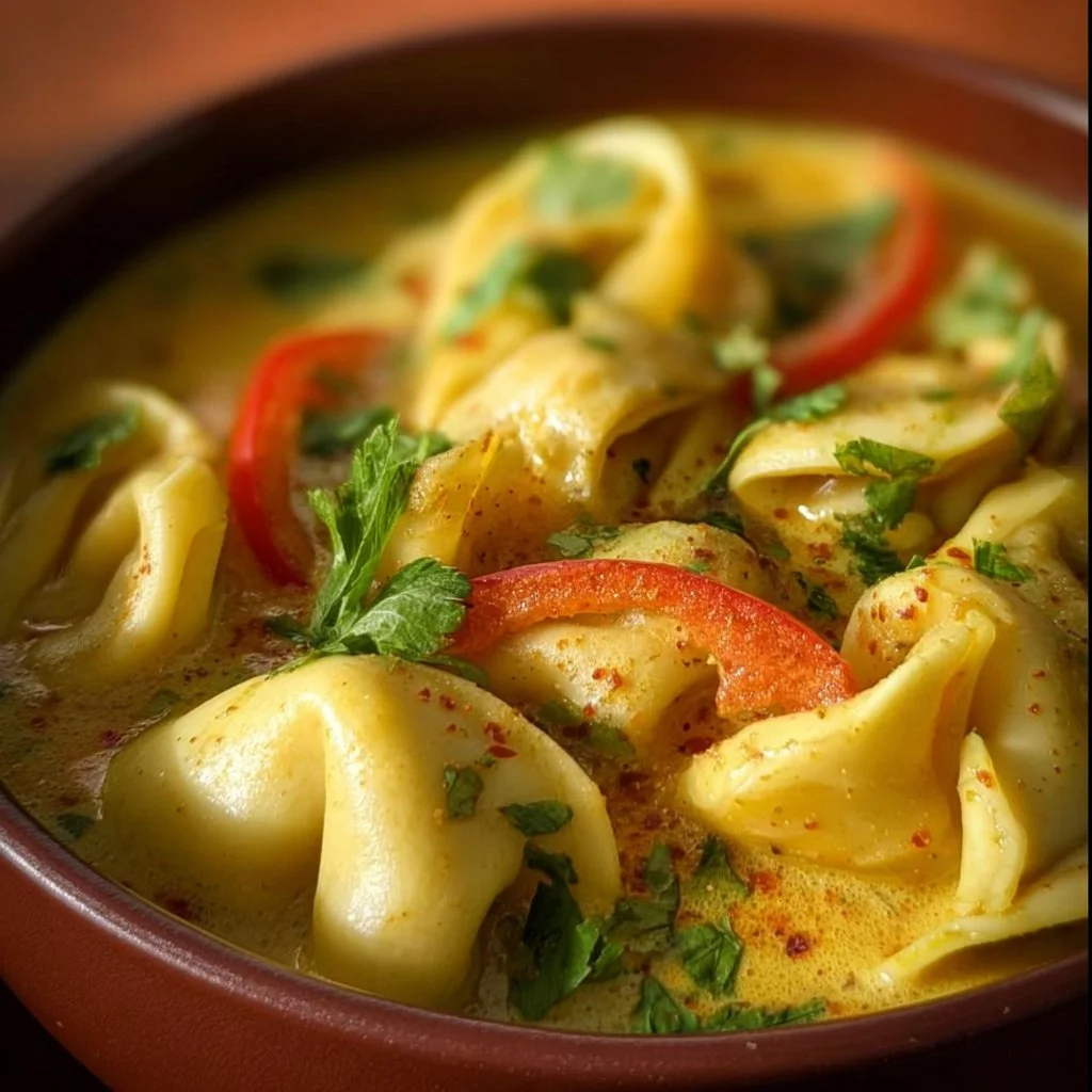 Cheese tortellini served in rich curried coconut milk sauce.