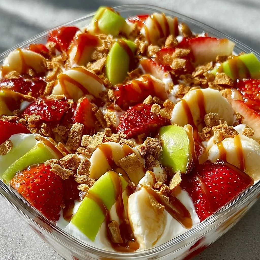 Delicious cheesecake fruit salad with mixed fresh fruits in a bowl