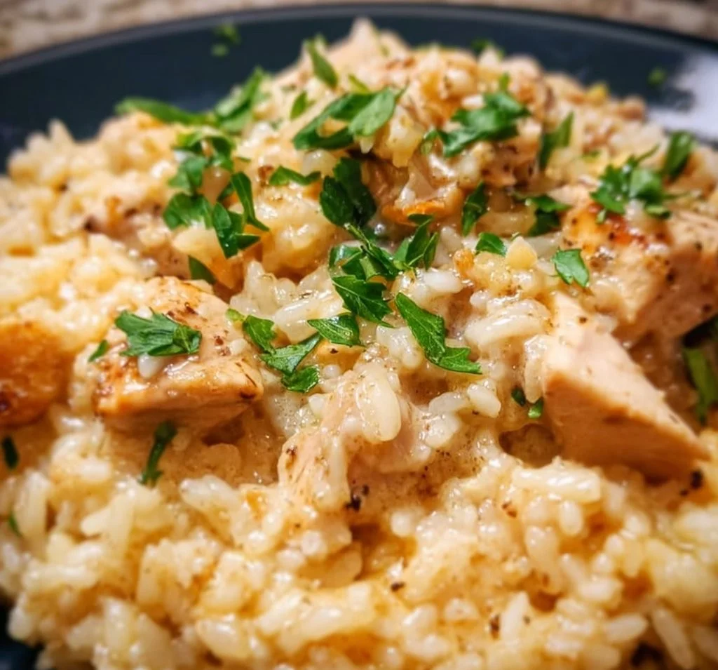 Delicious Cheesy CrockPot Chicken and Rice dish served in a bowl