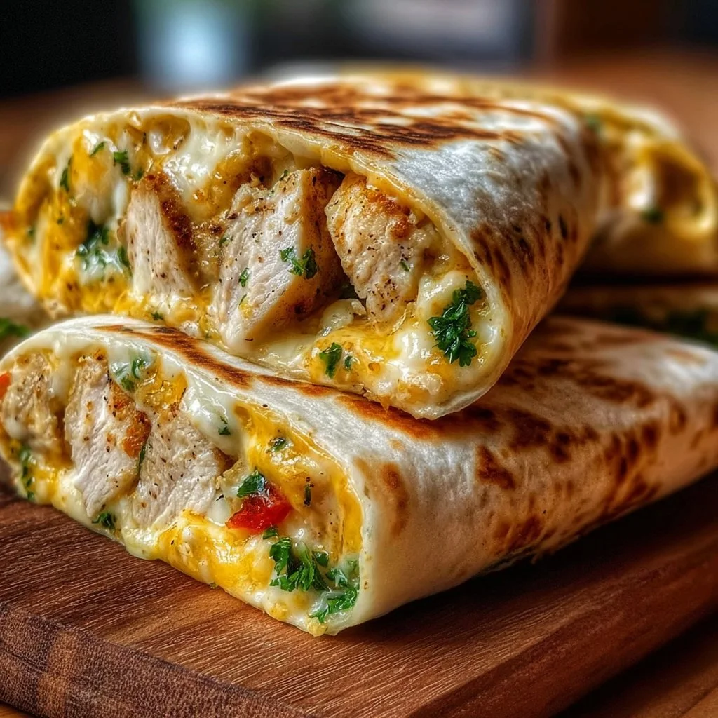 Cheesy garlic chicken wraps served on a plate with fresh herbs