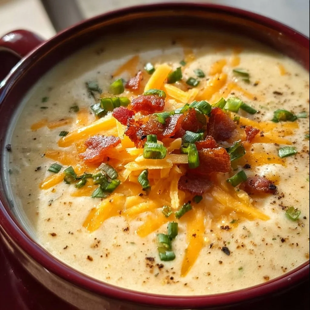 Delicious bowl of cheesy potato soup garnished with herbs