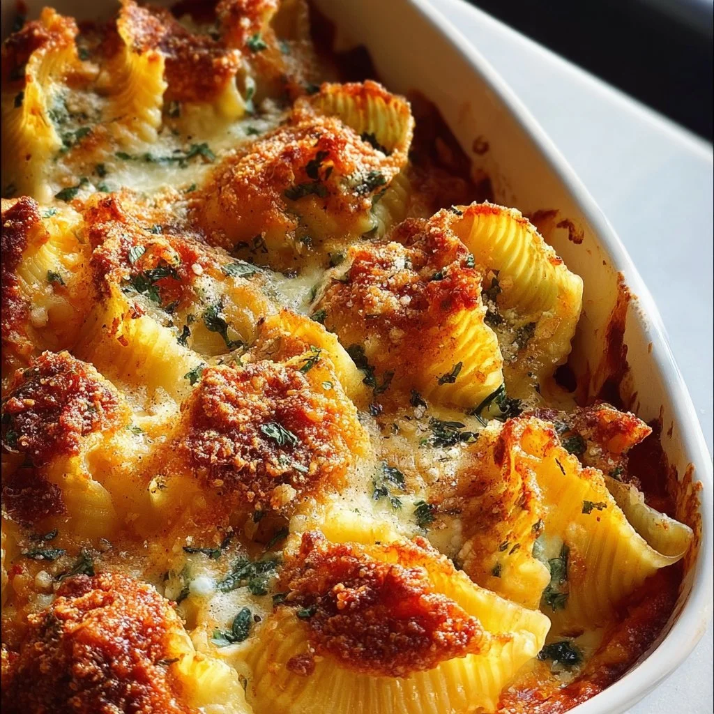 Cheesy stuffed pasta bake topped with cheese and herbs, ready to serve.