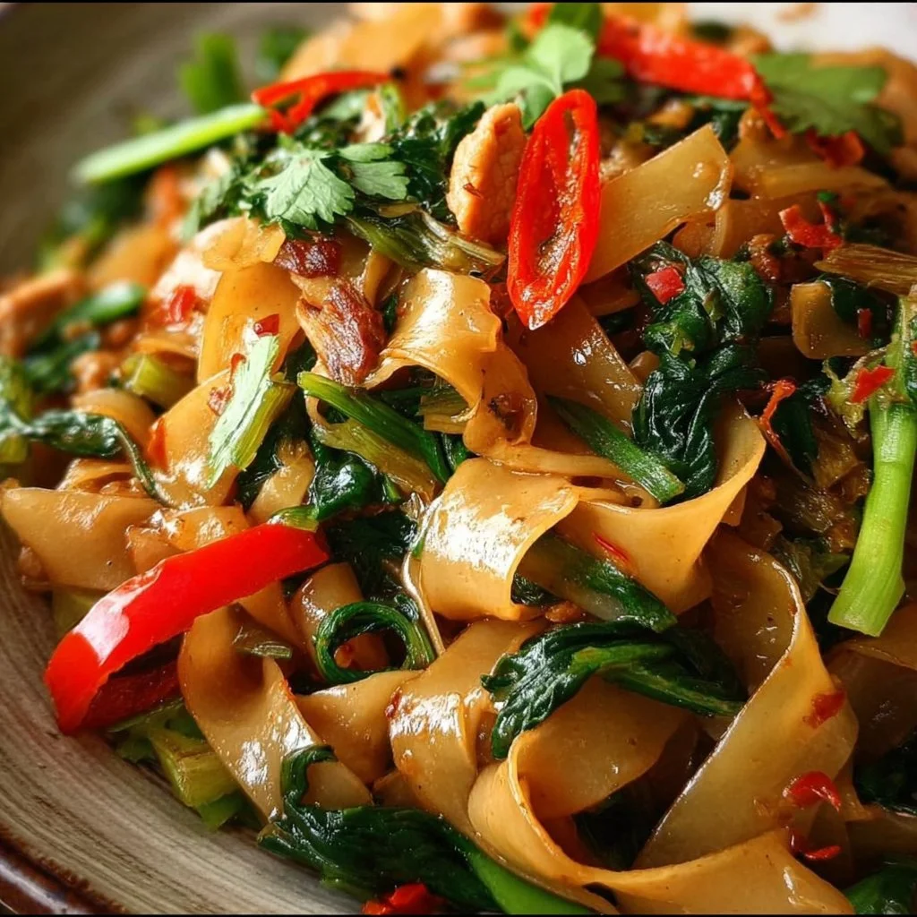 Plate of Chef John's delicious drunken noodles with fresh vegetables and herbs