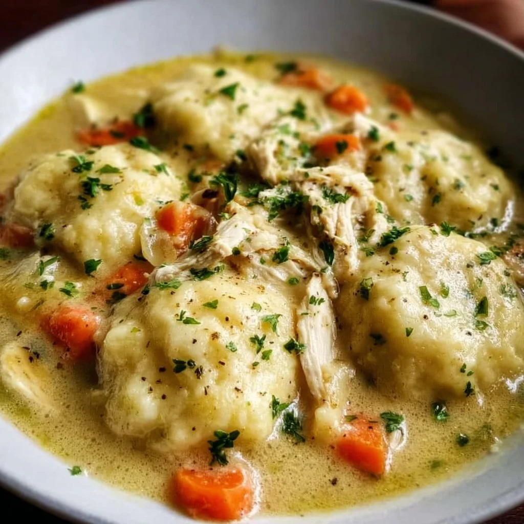 Delicious bowl of Chicken and Dumplings with herbs and vegetables