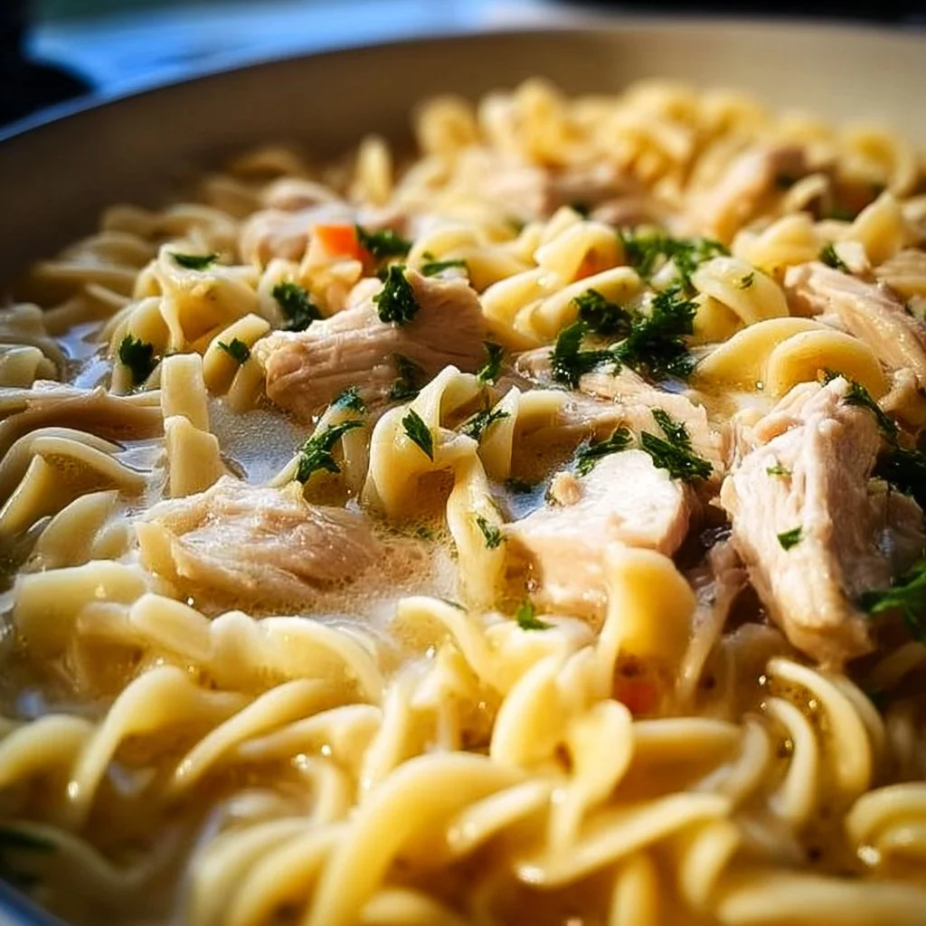 Bowl of chicken and noodles served with fresh herbs