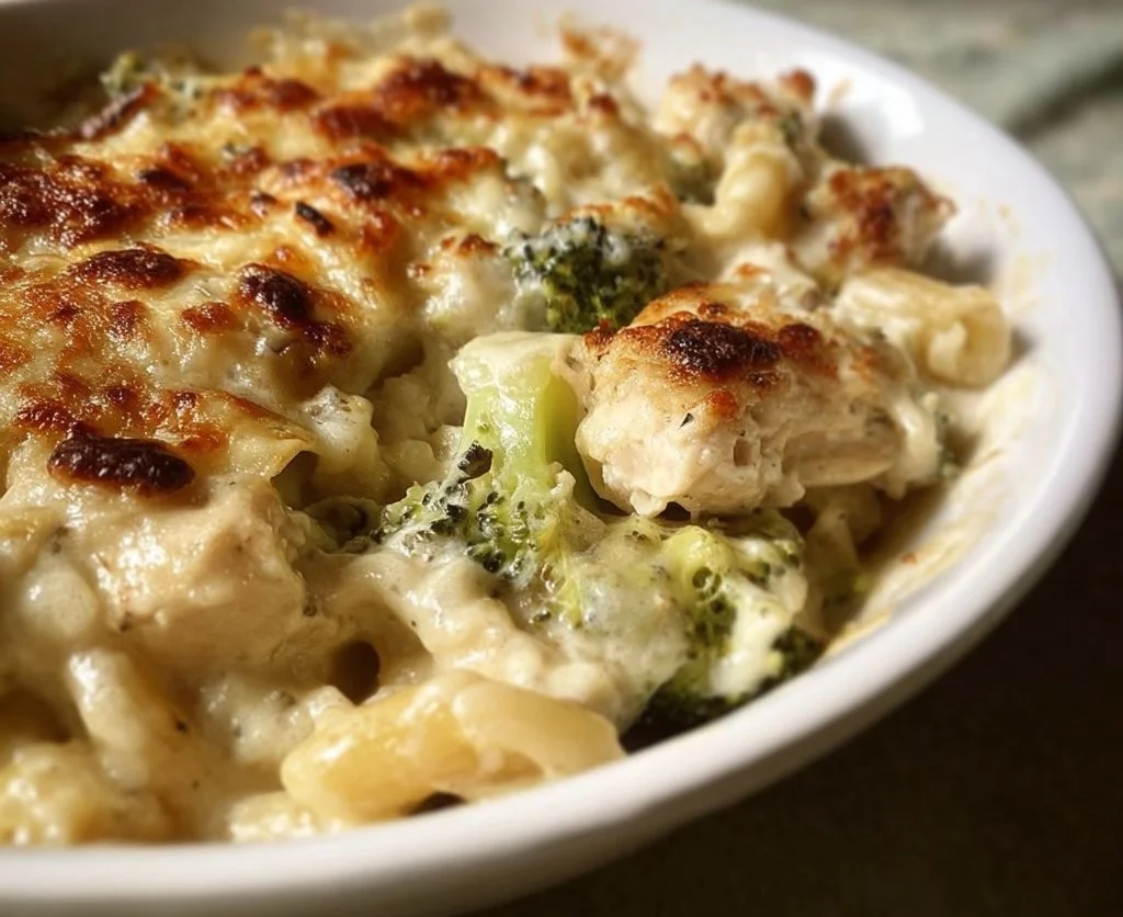 Delicious Chicken Broccoli Alfredo Bake served in a casserole dish