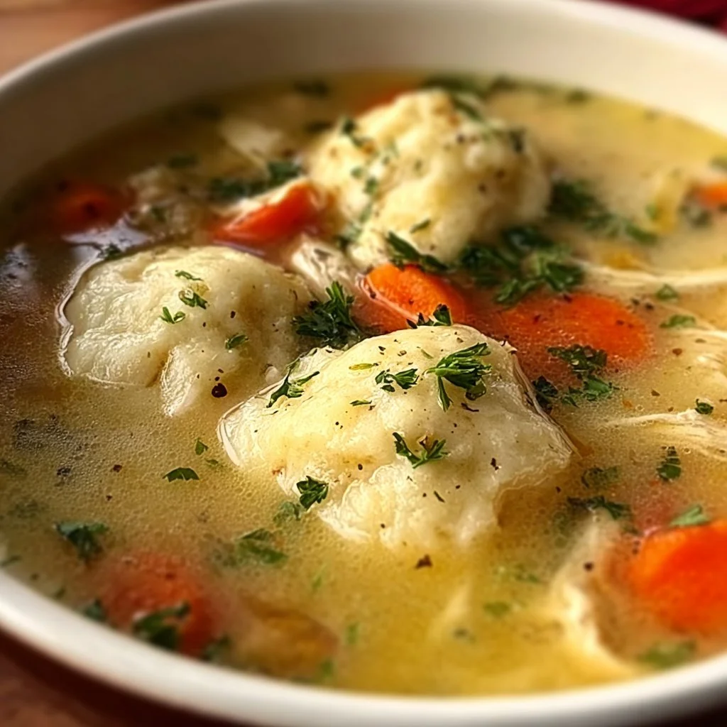 Bowl of homemade Chicken Dumpling Soup with vegetables and dumplings.