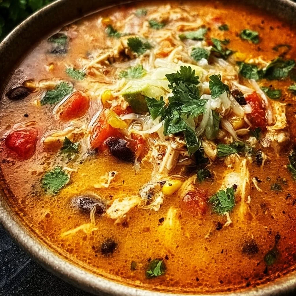 Delicious bowl of Chicken Enchilada Soup topped with cheese and cilantro.
