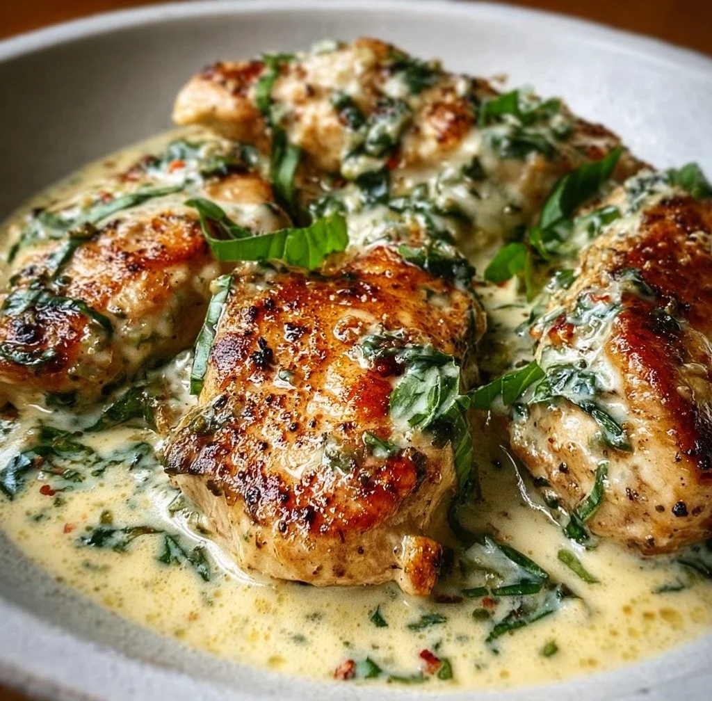 Plate of chicken in basil cream sauce garnished with fresh basil leaves