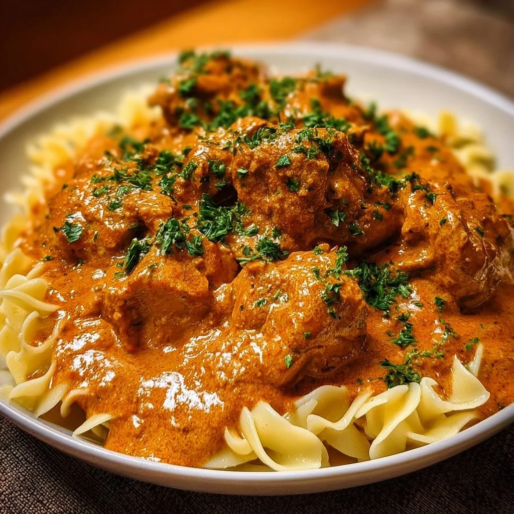 Serving of Chicken Paprikash with creamy paprika sauce and garnished herbs.