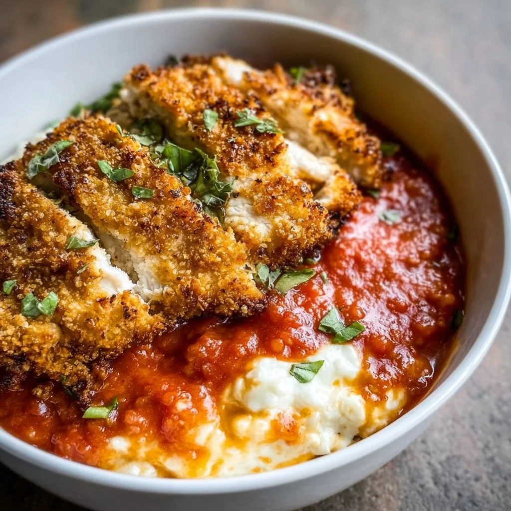 Chicken Parm Cottage Cheese Bowl served in a vibrant dish
