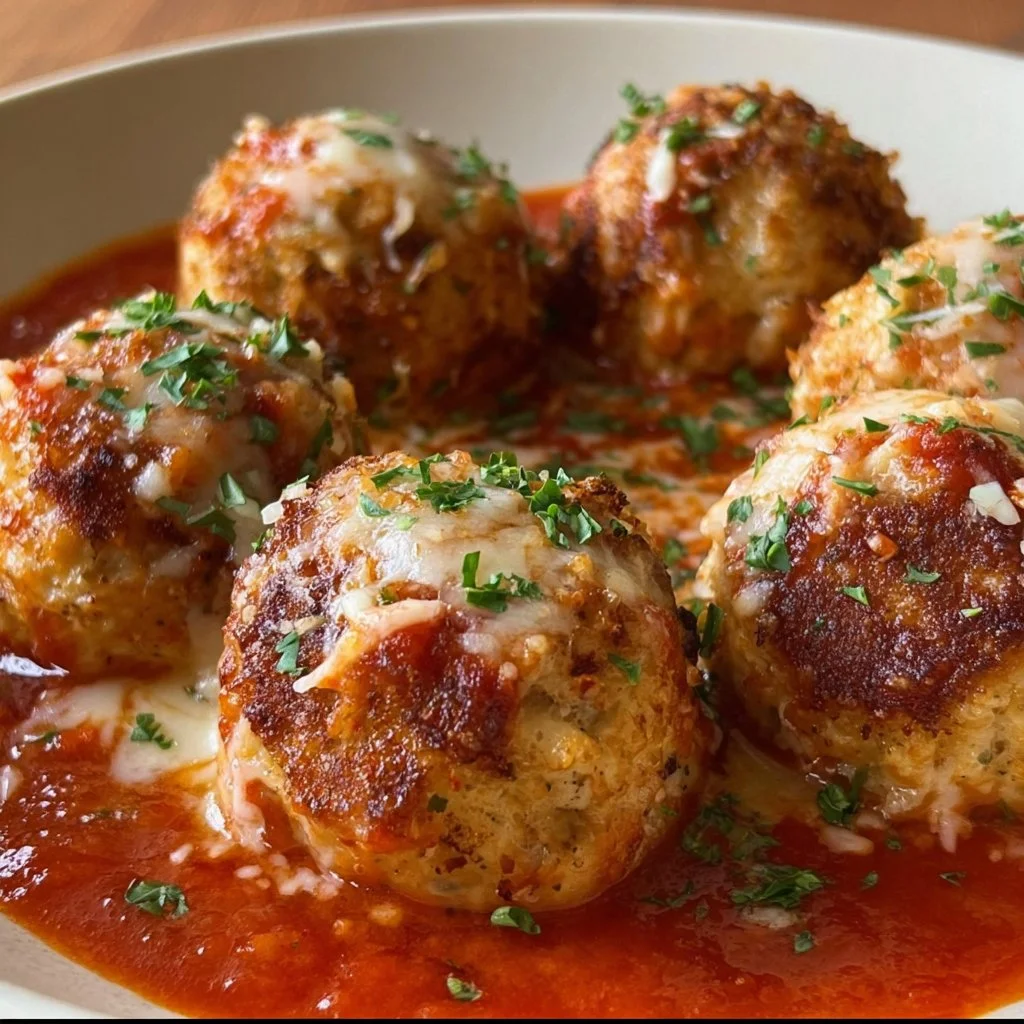 Delicious Chicken Parmesan Meatballs served with marinara sauce and cheese.