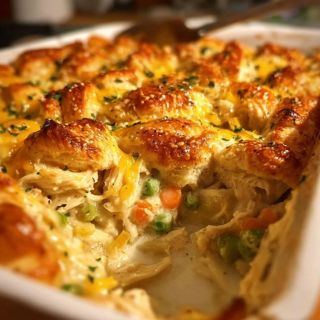 Delicious chicken pot pie casserole with chicken, vegetables, and a golden crust