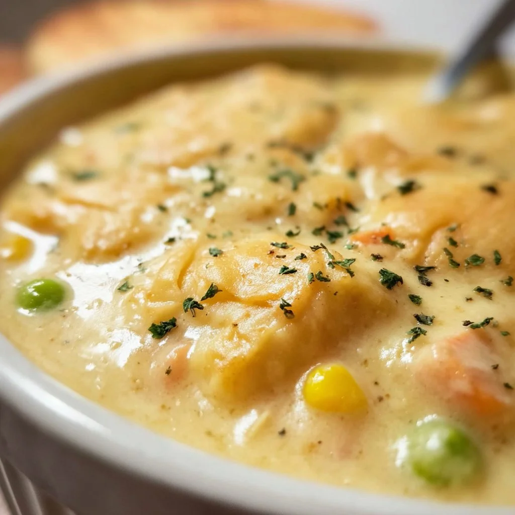 Delicious Chicken Pot Pie Soup in a bowl with vegetables and chicken