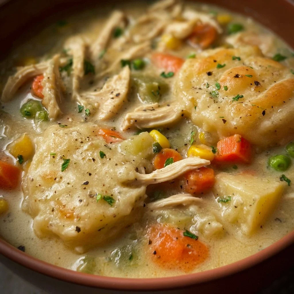 A hearty Chicken Pot Pie Soup served in a bowl with vegetables and chicken.
