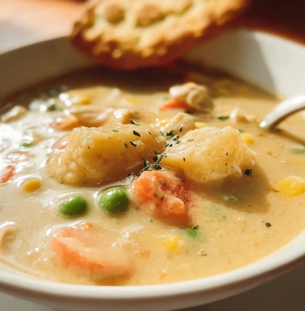 Hearty Chicken Pot Pie Soup in a bowl garnished with fresh herbs