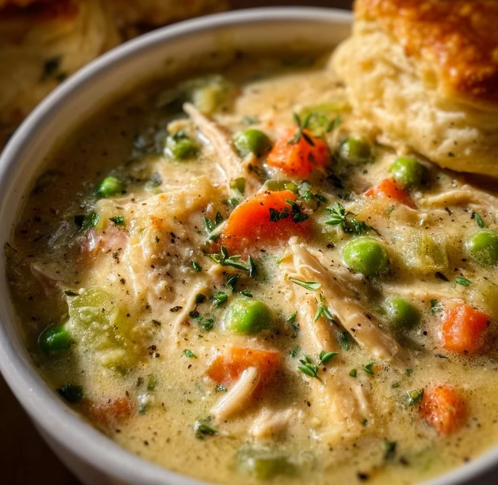 Delicious chicken pot pie soup cooking in a crockpot with vegetables and spices
