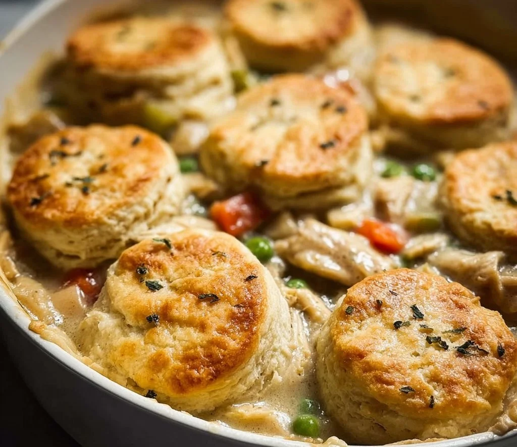 Delicious Chicken Pot Pie with Biscuits on a rustic wooden table
