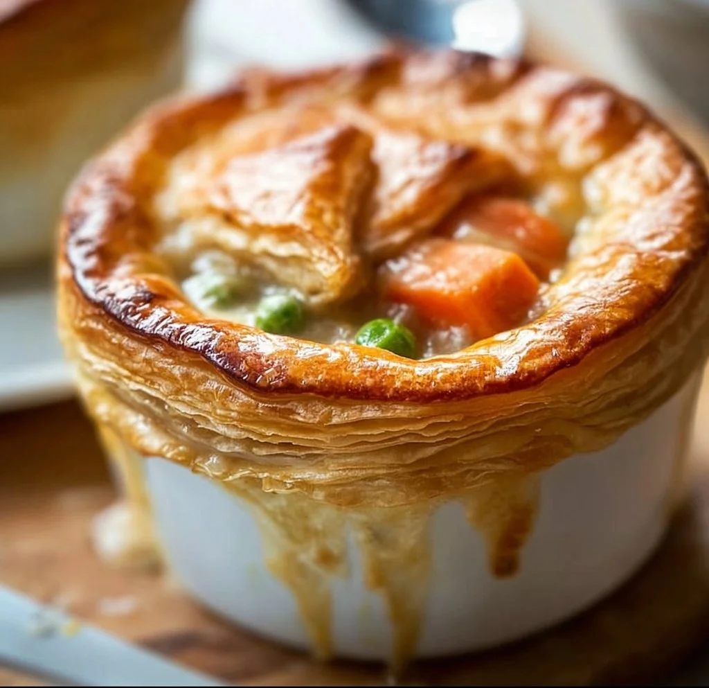 Delicious Chicken Pot Pie with flaky Puff Pastry crust and savory filling.
