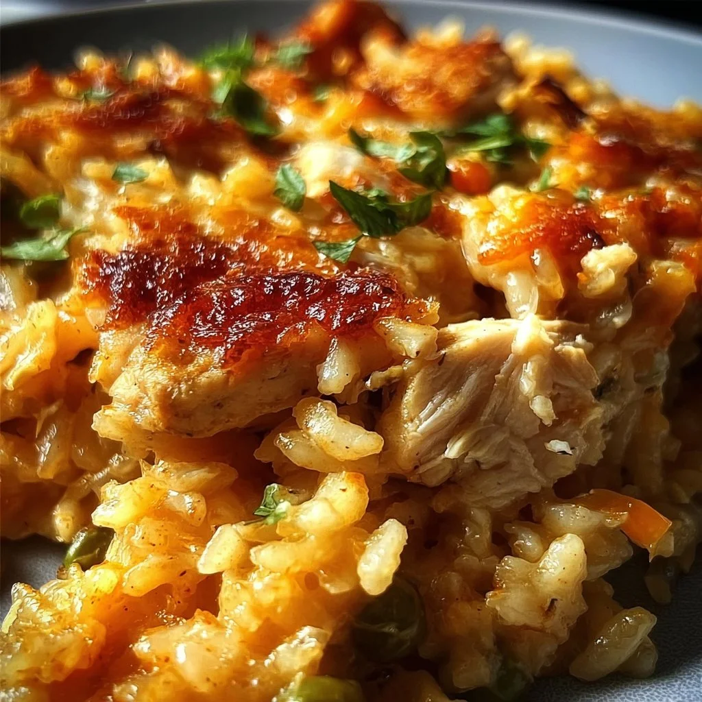 Delicious Chicken Rice-A-Roni Casserole served in a baking dish