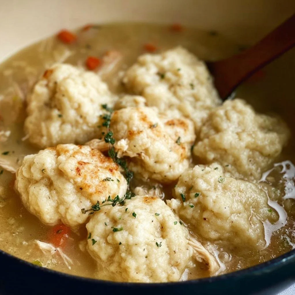 Delicious Chicken and Sourdough Dumplings served in a bowl garnished with herbs