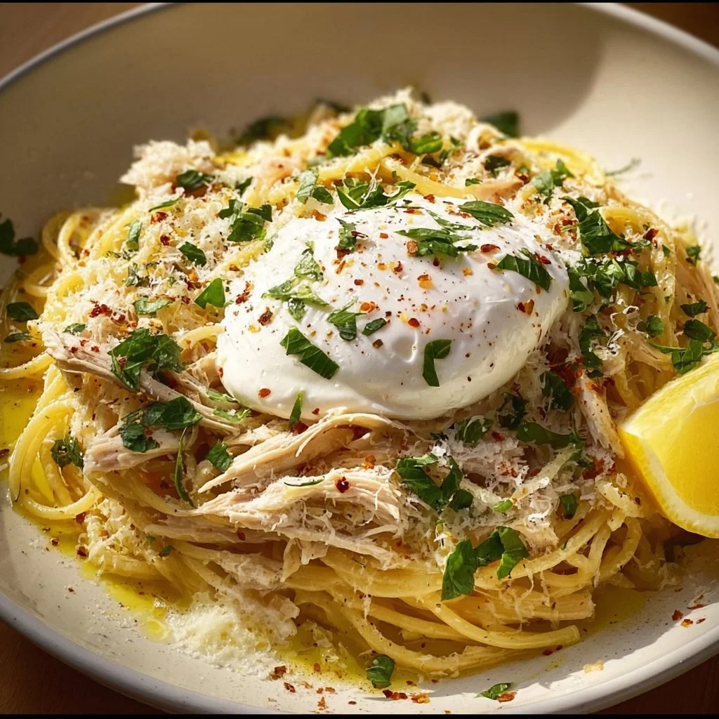 Plate of Chicken Spaghetti with Burrata and Lemon Butter Garlic Sauce