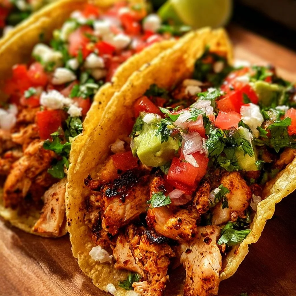 Delicious Chicken Street Tacos served with fresh toppings and vibrant salsa