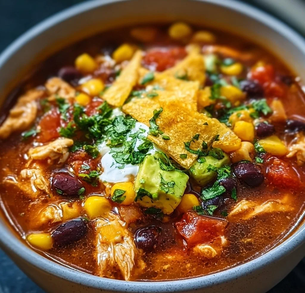 Bowl of Chicken Taco Soup garnished with cilantro and lime.