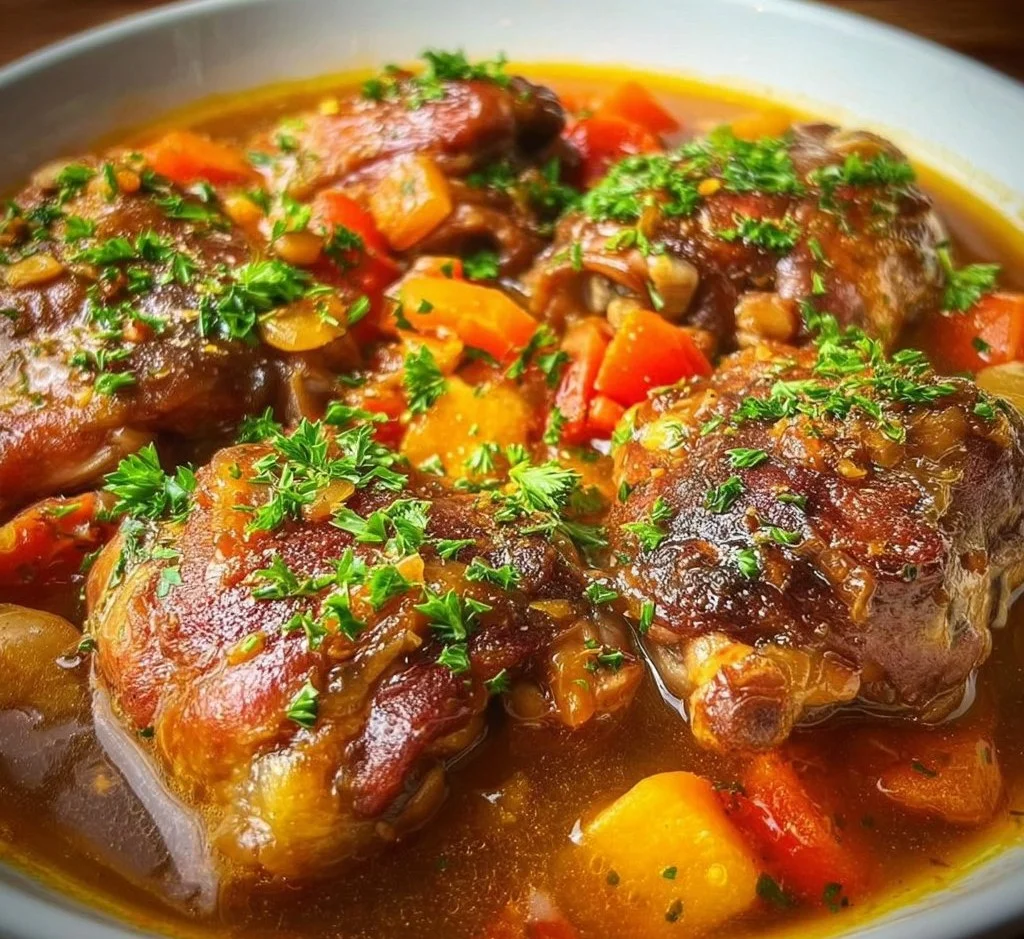 Delicious Chicken Thigh Osso Bucco served with vegetables and herbs