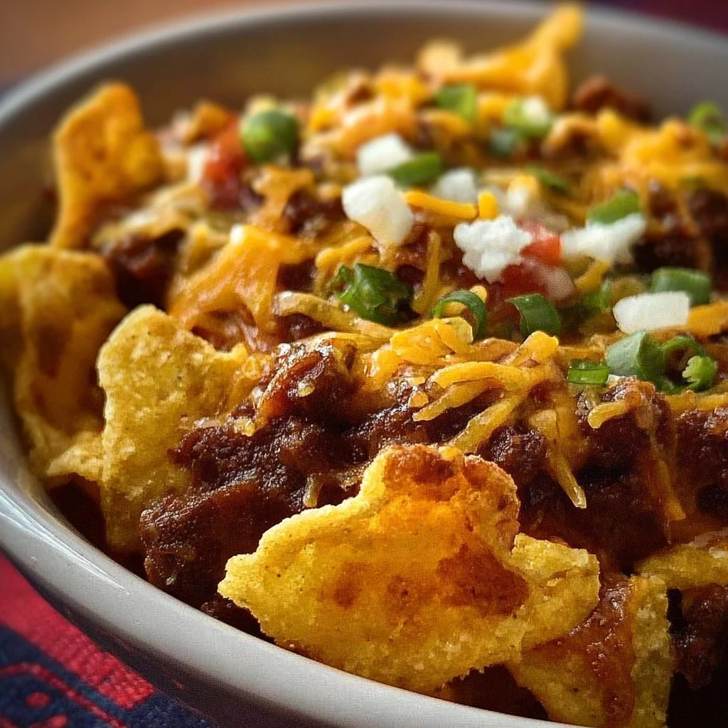 Delicious bowl of homemade Chili Cheese Frito Pie topped with cheese and chili.
