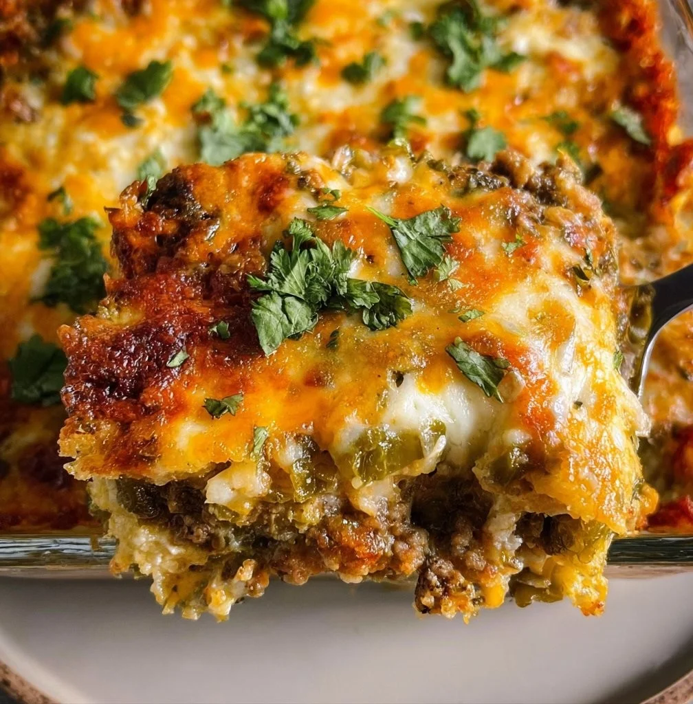 Chili Stuffed Casserole with melted cheese and fresh herbs
