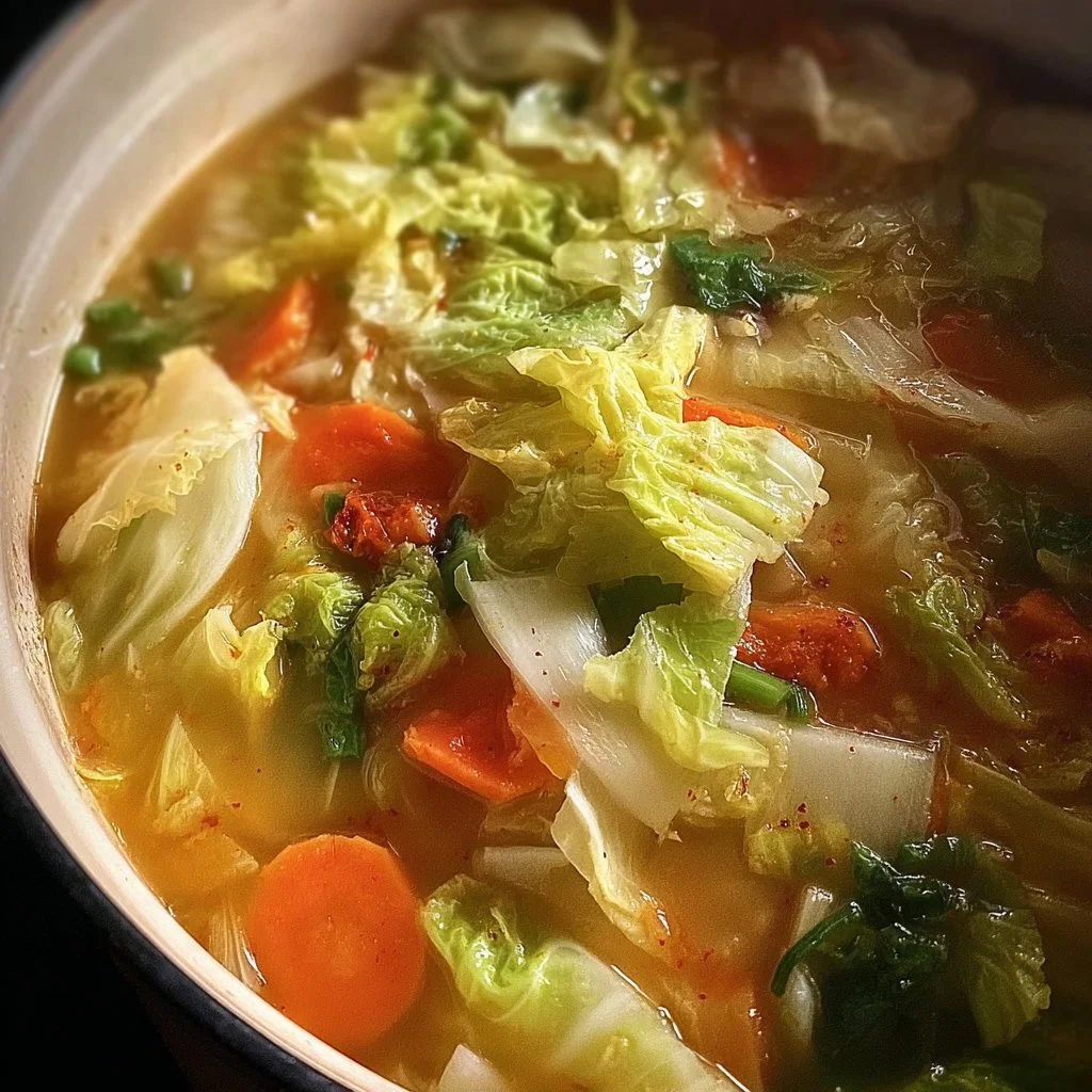 Bowl of Chinese cabbage and ginger soup garnished with herbs and spices.