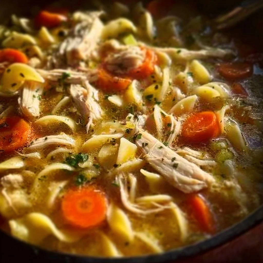 Bowl of classic chicken noodle soup with chicken, noodles, and vegetables