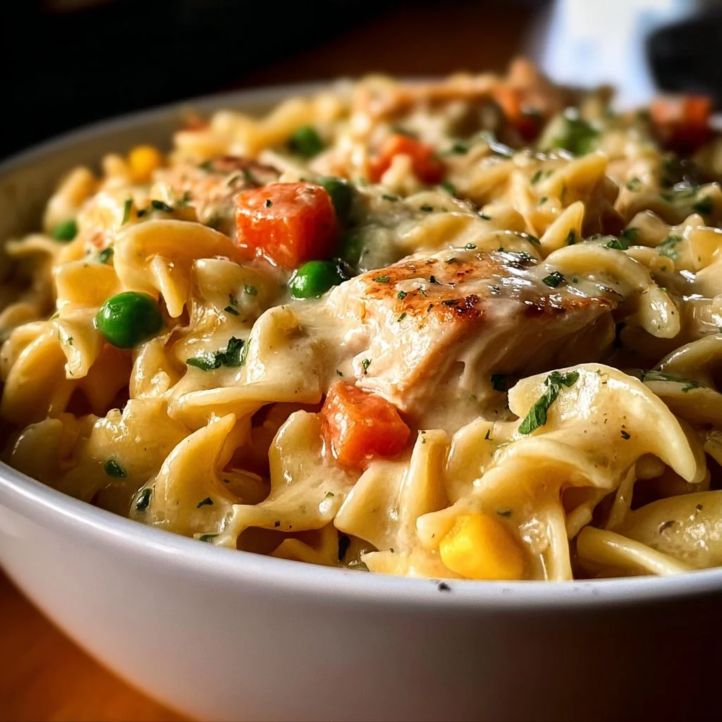 Bowl of Classic Chicken Pot Pie Pasta with vegetables and spices