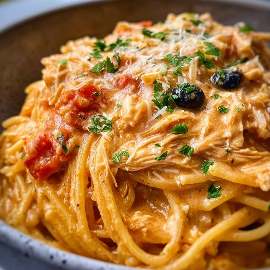 Bowl of classic CrockPot chicken spaghetti with pasta and chicken garnished