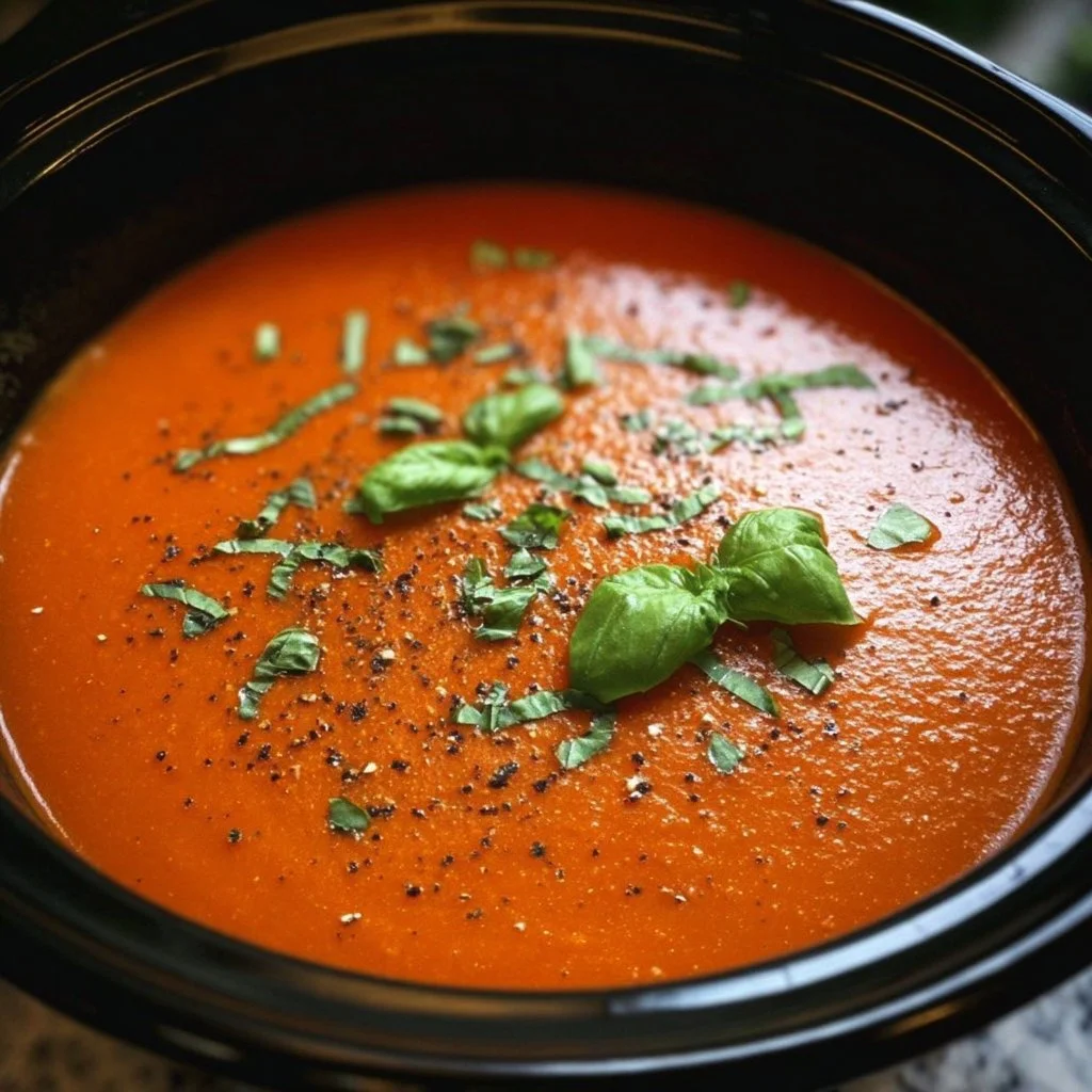 Bowl of classic crockpot tomato soup garnished with fresh basil