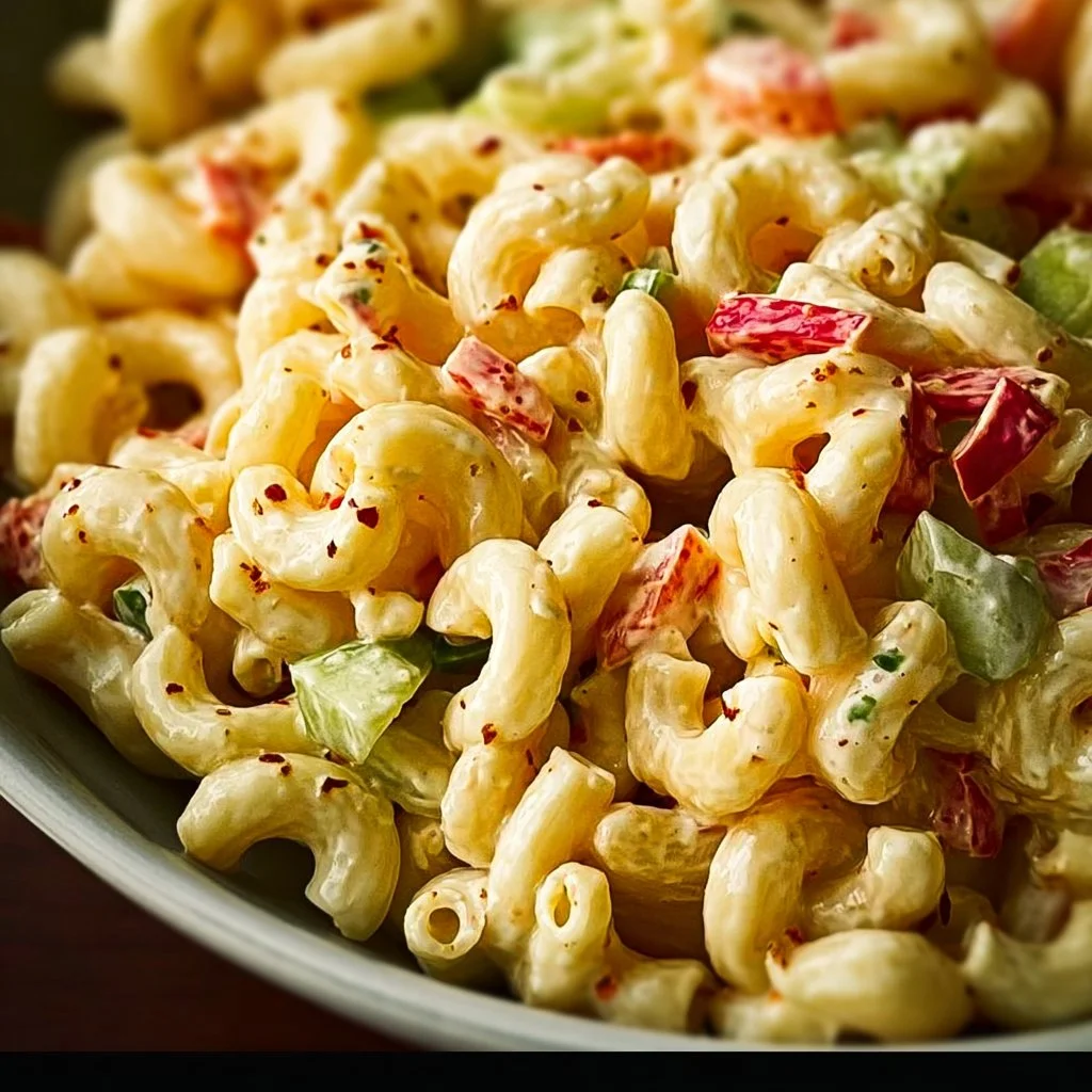 Delicious classic macaroni salad in a bowl, ready to serve.