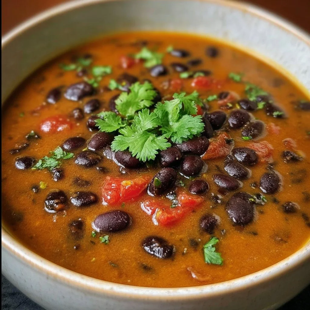 A hearty bowl of Coconut Black Bean Soup garnished with fresh herbs and spices.