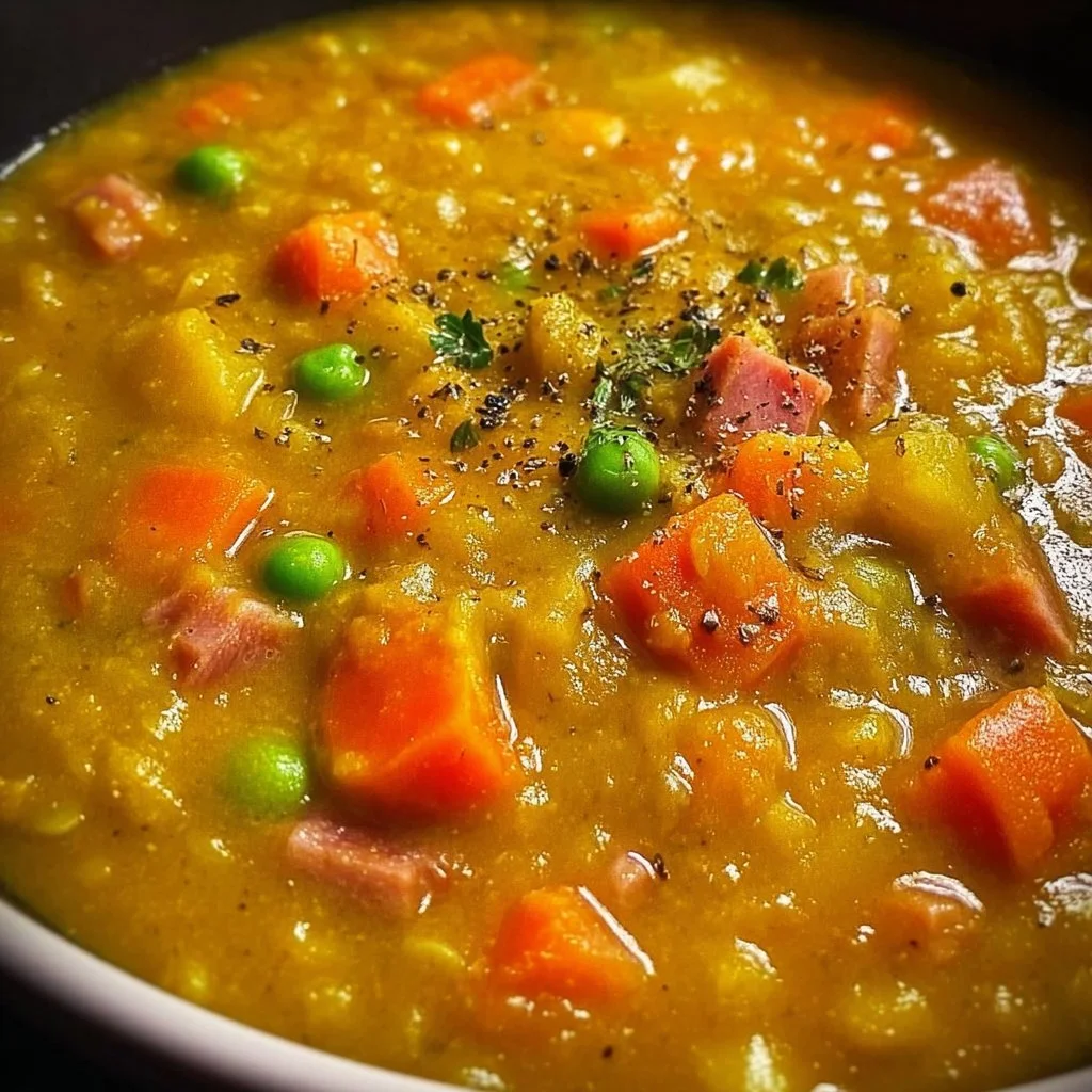 Delicious bowl of comforting crockpot split pea soup garnished with herbs.