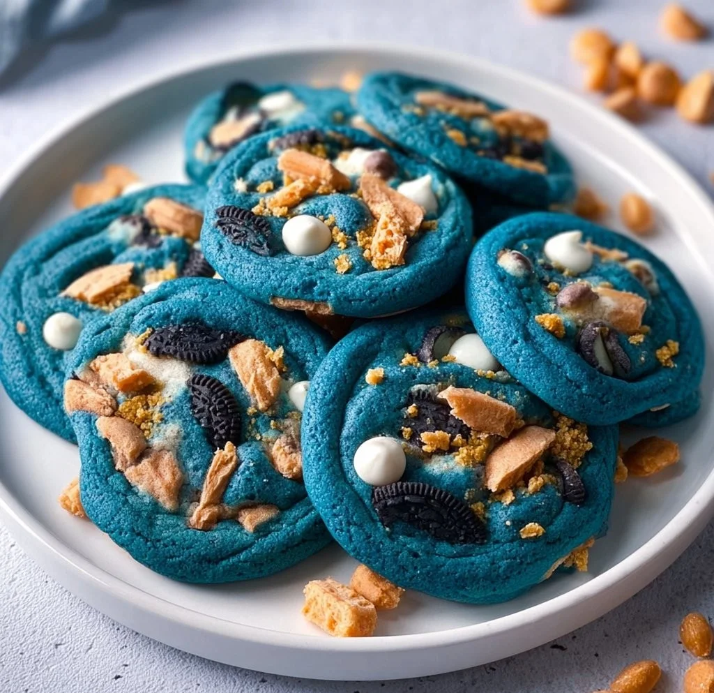 Homemade Cookie Monster Cookies with blue frosting and chocolate chips