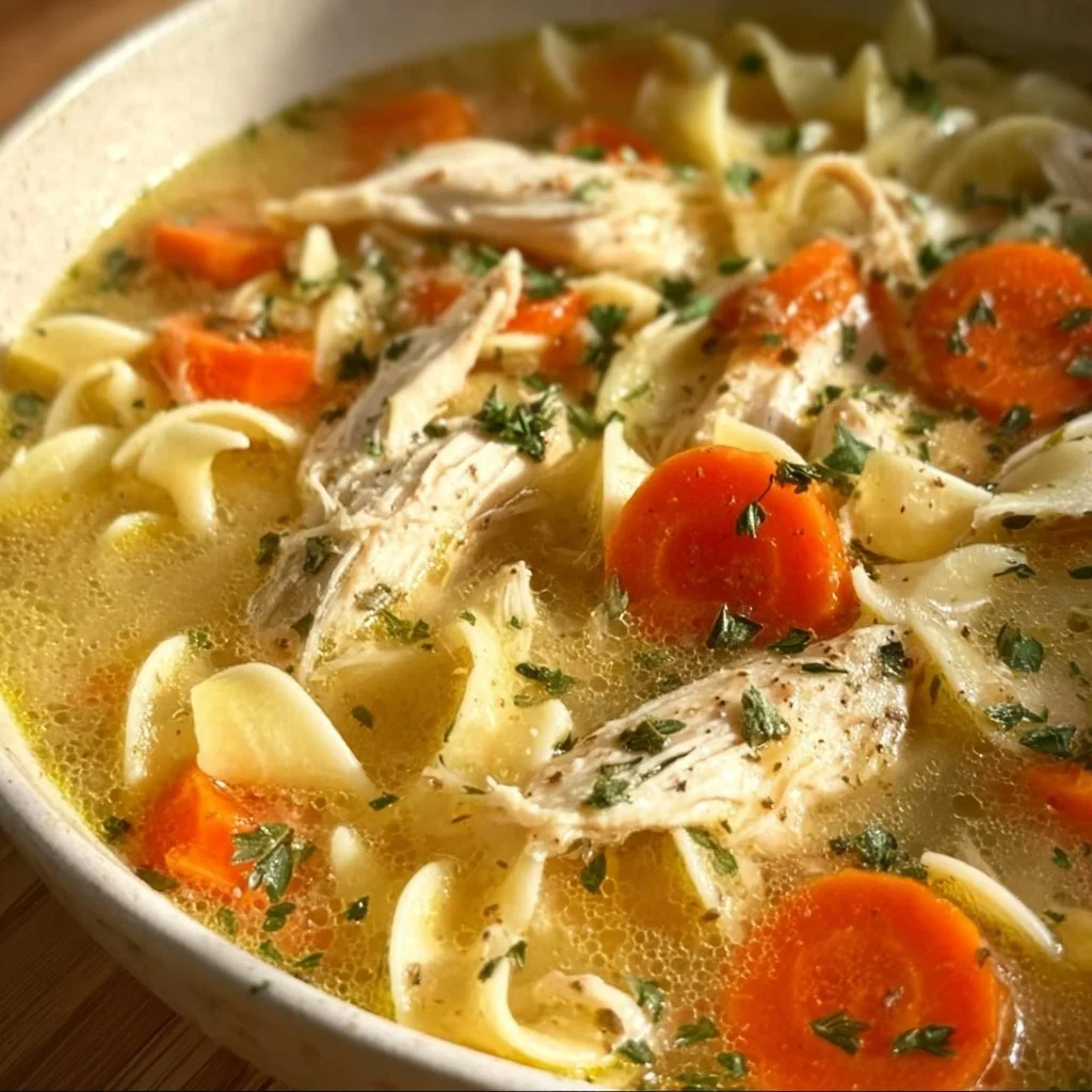 Bowl of Copycat Panera Chicken Noodle Soup with fresh herbs and vegetables