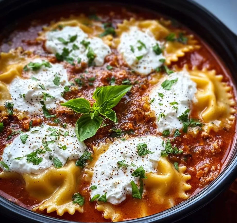 Bowl of creamy Cottage Cheese Lasagna Soup topped with herbs and cheese.